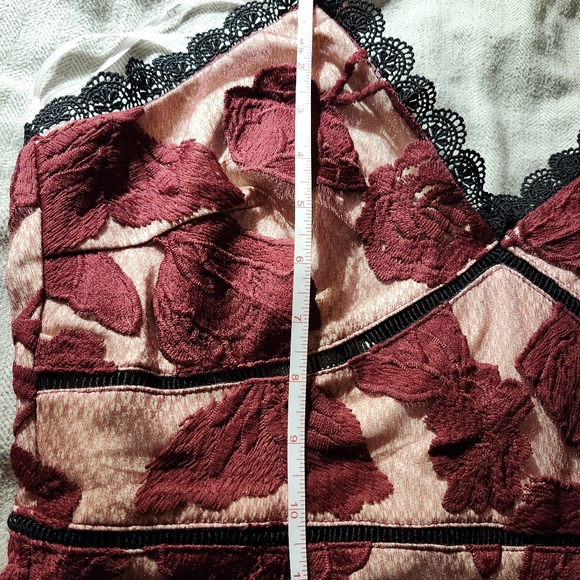 Lulus Size L Alluring Dream Burgundy Floral Mesh Lace Trumpet Midi Dress - Picture 15 of 15